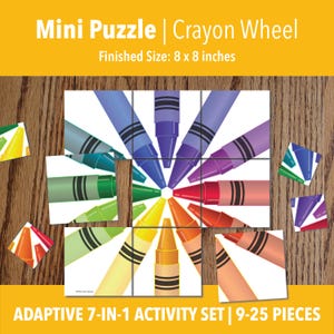 Peut inclure: Un mini puzzle coloré avec un motif de roue de crayons. La taille finale est de 20 x 20 cm. Le puzzle est un ensemble d'activités adaptatives 7-en-1 avec 9-25 pièces. L'image montre des crayons de différentes couleurs.