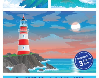 Set of 3 Printable Coastal Adaptive Mini Puzzles | Visual Travel Activities for Kids, Seniors & Therapy | 6–24 Piece | PDF