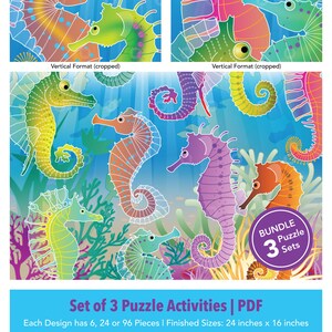 Pode incluir: Um conjunto digital de 3 atividades de quebra-cabeça com cavalos-marinhos coloridos em uma cena subaquática. O texto diz: BUNDLE 3 Puzzle Sets, Set of 3 Puzzle Activities | PDF, Each Design has 6, 24 or 96 Pieces | Finished Sizes: 61 cm x 41 cm.