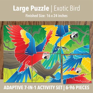 Può includere: Un grande puzzle intitolato Exotic Bird con una dimensione finale di 40,64 x 60,96 cm. Il puzzle raffigura pappagalli colorati in rosso, blu e giallo su uno sfondo di giungla verde. Fa parte di un set di attività adattivo 7-in-1 da 6-96 pezzi.