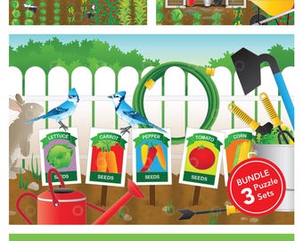 Set of 3 Printable Garden Adaptive Puzzle Activities | Visual Exercise for Kids, Seniors & Therapy | 6–96 Piece | PDF