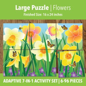 Printbare adaptieve puzzelactiviteiten met narcissen | Visuele oefeningen voor kinderen, senioren en therapie | 6–96 stukjes | PDF