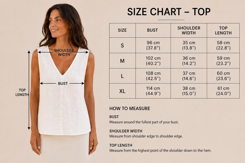 Puede incluir: Una blusa blanca sin mangas con cuello en V junto a una tabla de tallas. La tabla enumera las medidas para las tallas S, M, L y XL en cent&iacute;metros y pulgadas, incluyendo busto, ancho de hombros y largo de la blusa con instrucciones.