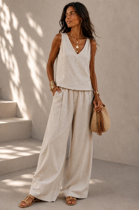 Linen Tank Top Women, Off White Sleeveless Blouse 100% Linen Relaxed Fit Resort Wear