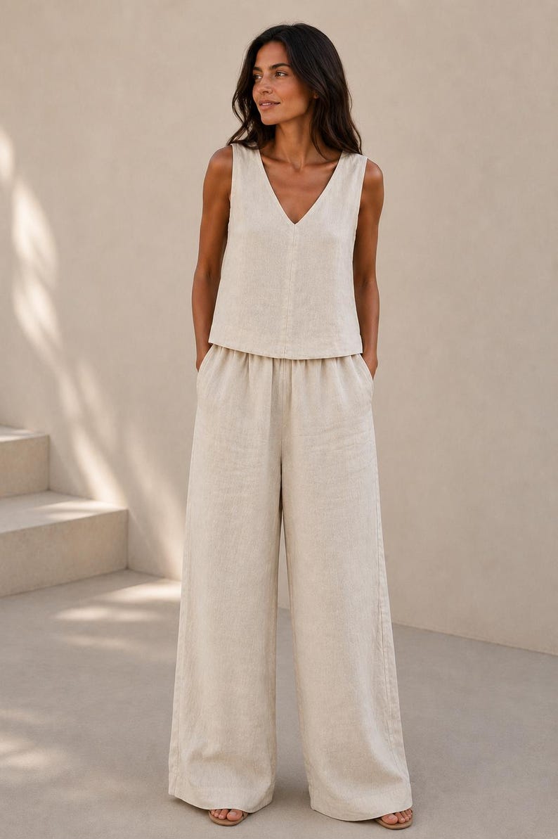 Puede incluir: Un top beige sin mangas con escote en V combinado con pantalones anchos a juego. El conjunto est&aacute; confeccionado en un tejido texturizado de color tostado claro neutro, con un corte relajado y una silueta limpia y sencilla sin estampados.