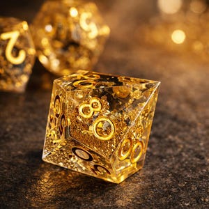 May include: A clear, gold-colored, multi-sided die with gold foil inclusions and black numbering. The die is a gaming accessory, likely for tabletop games. The numbers are in a classic font, and the die has a glossy finish.