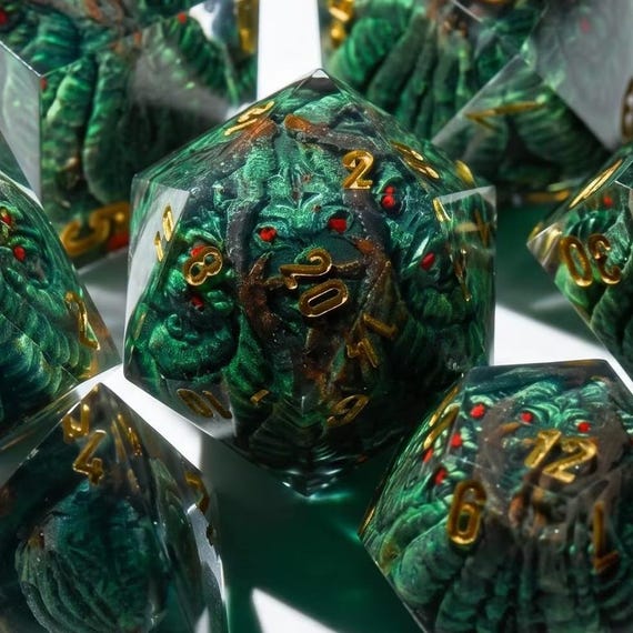 Abyssal Horror dice set, tentacled creature in emerald resin