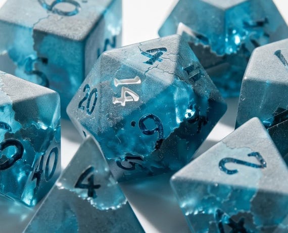 Glacier Veil glass dice set, frosted ice-blue with cracked ice effect