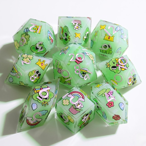 Whimsical Froggy Friends dice set, lime green with cartoon frogs