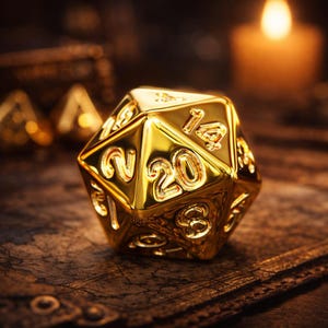 May include: A shiny, gold-colored twenty-sided die, prominently displaying the number 20. The die is highly reflective, with other dice and a candle in the blurred background. The surface it rests on is a dark, textured material.