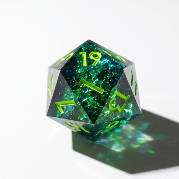 Emerald Depths dice set, deep translucent green resin with crystal texture
