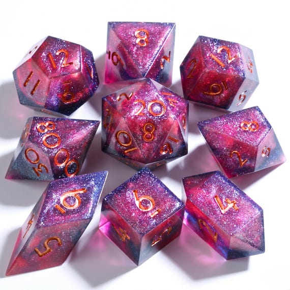 Red Nebula dice set, pink and violet cosmic swirls in crystal resin