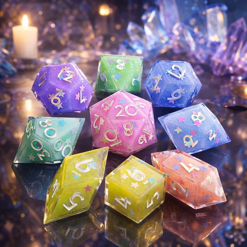 UDIXI - Set Di 7 Dadi In Vetro Prisma Arcobaleno Per Giochi Da Tavolo, Con Custodia In Pelle, D&D MTG (Medusa) - 4
