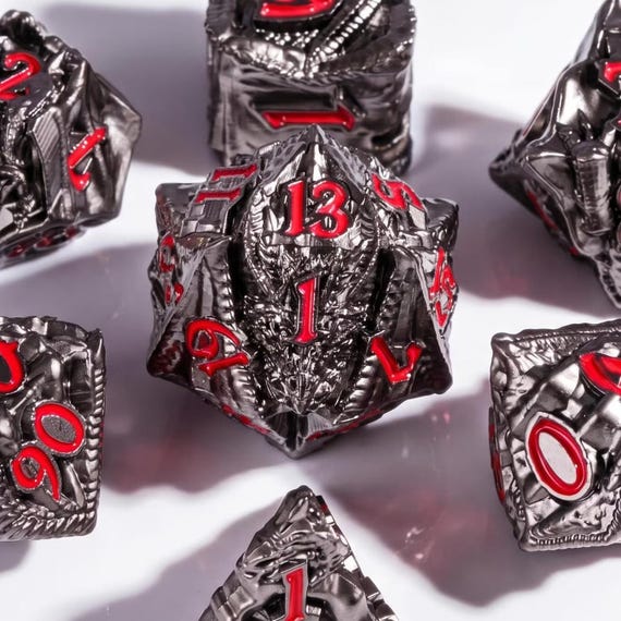 Dark Dragon dice set, dark metallic with sculpted dragon design