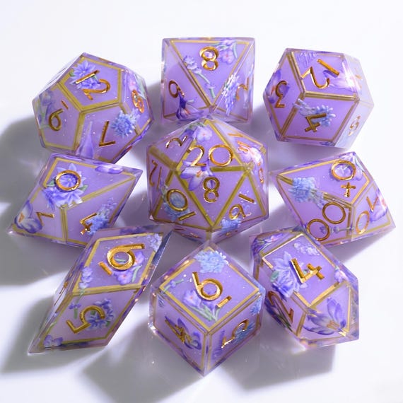 Gilded Lilac Bloom dice set, lilac resin with pressed flowers