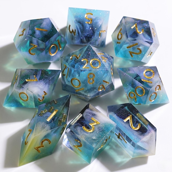 Celestial Tide dice set, teal ocean resin with holographic glitter