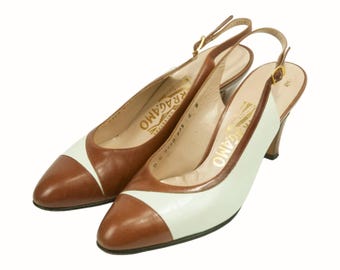 Vintage 80s Salvatore Ferragamo Leather Slingback Heels Size 6B/ EU 36.5