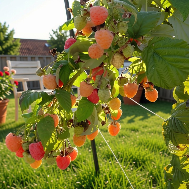 Pu&ograve; includere: Una pianta di lampone con numerose bacche in maturazione nelle tonalit&agrave; dell'arancione, rosa e rosso, appese a steli verdi con foglie seghettate. I grappoli di frutti sono in varie fasi di sviluppo, mostrando superfici strutturate.