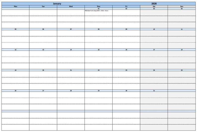 2026 Simple Excel Calendar Template | Editable Digital Planner ...
