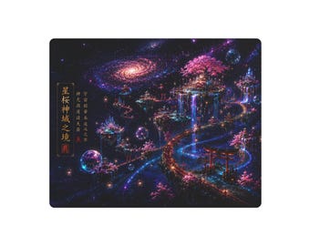 Cosmic Sakura Shrine Metal Wall Art, Japanese Fantasy Landscape, Neon Galaxy Temple Decor, Futuristic Japan Wall Art