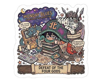 Monday Blues Sticker Defeat of the Four Gods Cute Introvert Turtle Fantasy Art Funny Lazy Mood Aesthetic Vinyl Decal