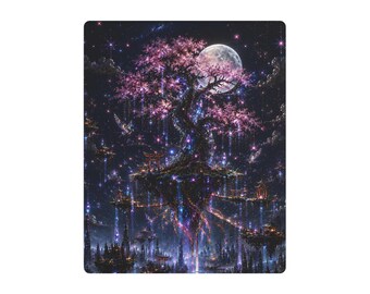 Moonlit Sakura Tree Metal Wall Art, Japanese Fantasy Landscape, Celestial Cherry Blossom Decor, NEO HOKUSAI Collection