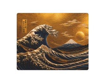 Gold Great Wave Metal Wall Art, Japanese Mount Fuji Poster, Hokusai Inspired Ocean Decor, Navy Blue Gold Wall Art