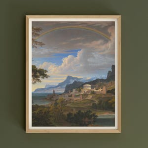 May include: A framed landscape print featuring a coastal scene with a rainbow arching over the mountains and a town. The artwork has a classical painting style with a wooden frame.
