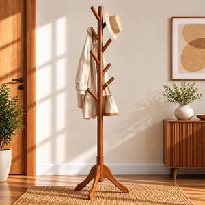 May include: A tall, free-standing wooden coat rack with a central pole and multiple angled hooks. The rack features a tripod base and holds a beige coat, a light-colored handbag, and a straw hat with a dark band hanging from the upper hooks.
