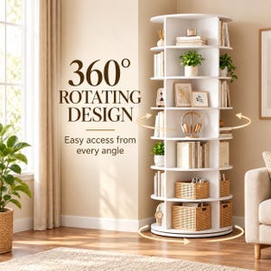 May include: A tall white rotating bookshelf with multiple circular tiers and vertical dividers. The unit features open shelving filled with books, potted plants, framed art, headphones, and woven baskets. Text on the image reads 360 ROTATING DESIGN.