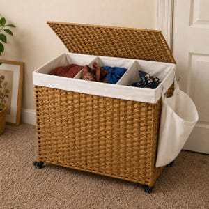 May include: A rectangular brown woven laundry hamper with a hinged lid and three internal compartments lined with white fabric. The hamper features four black caster wheels at the base and a detachable white fabric bag hanging from the side.