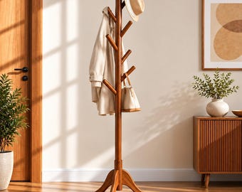 May include: A tall, brown wooden coat rack with a central vertical post and multiple angled hooks extending outward. The rack holds a beige trench coat, a light-colored handbag, and a tan fedora hat, supported by a three-legged base.