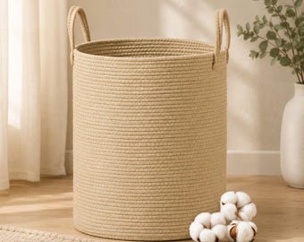 Extra Large Woven Cotton Rope Laundry Basket, Two-Tone Storage Bin, Toy Blanket Organizer