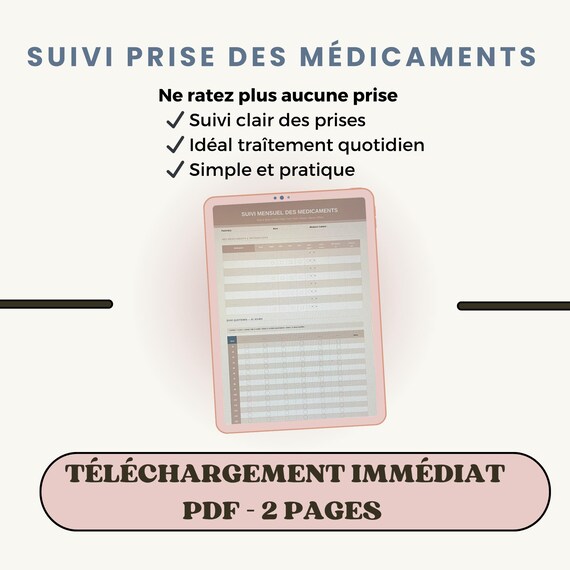 Suivi médicaments PDF imprimable, tracker traîtement quotidien, téléchargement immédiat-format A4
