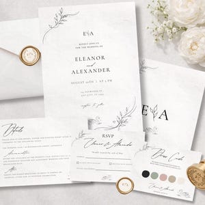 May include: Elegant wedding invitation suite featuring white stationery with floral accents and gold wax seals. The invitation includes the names Eleanor and Alexander, and the date August 10th at 4 PM. Includes RSVP and details cards.