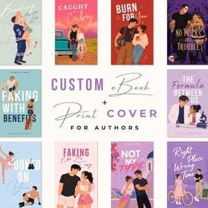 Custom illustrated romance book cover for indie authors featuring a professionally designed e-book and matching paperback cover. Personalized character artwork with a romantic couple in a modern illustrated style, created for self-publishing authors. Perfect for romance, rom-com, dark romance, cowboy romance, hockey romance, and contemporary love stories. High-quality digital book cover design for Amazon KDP and other publishing platforms.