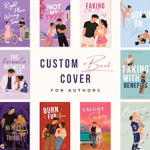 May include: A collection of ten illustrated book covers featuring various romantic scenes and characters. The central text reads CUSTOM eBOOK COVER FOR AUTHORS. Each cover displays unique titles and artwork, including couples in diverse settings.