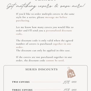 May include: A white informational graphic with black text titled PLANNING A BOOK SERIES? Get matching covers & save more! It explains how to request a discount for multiple book covers and includes a box labeled SERIES DISCOUNTS with 10%, 15%, and 20% off.