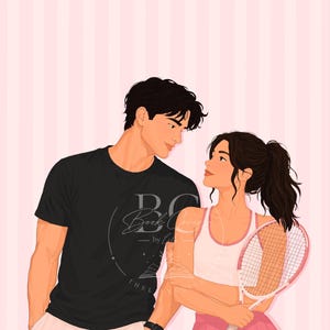 以下が含まれることがあります： 淡いピンクのストライプ柄を背景に、2人の人物が描かれたデジタルイラスト。一人は黒のTシャツと明るい色のショートパンツを着用し、もう一人は白のタンクトップとピンクのプリーツスカートを着用してテニスラケットを手に持っている。