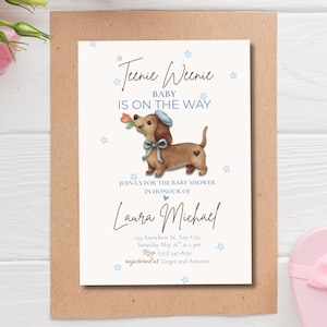 Invito per baby shower a tema bassotto, invito per baby shower "Teenie Weenie", invito per baby shower con stella blu, modello Canva modificabile