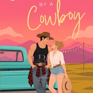 May include: A book cover titled Caught by a Cowboy by Emma James featuring an illustration of a person in a cowboy hat and tank top standing next to a person in a white shirt and denim shorts by a teal truck against a pink sunset landscape.