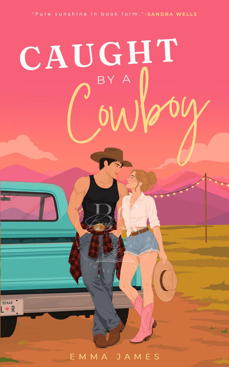 May include: A book cover titled Caught by a Cowboy by Emma James featuring an illustration of a person in a cowboy hat and tank top standing next to a person in a white shirt and denim shorts by a teal truck against a pink sunset landscape.
