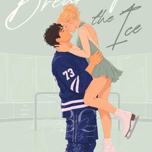 May include: A book cover titled Breaking the Ice by Hannah Michaels featuring an illustration of a hockey player in a dark blue jersey with the number 73 lifting a figure skater in a light green dress and pink skates on an ice rink.