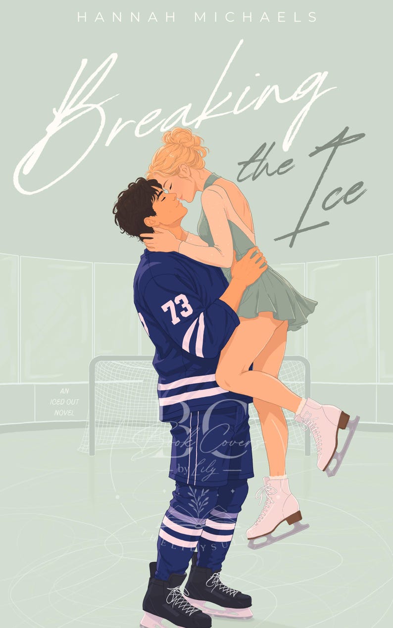 May include: A book cover titled Breaking the Ice by Hannah Michaels featuring an illustration of a hockey player in a dark blue jersey with the number 73 lifting a figure skater in a light green dress and pink skates on an ice rink.