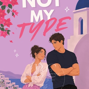 May include: A book cover illustration featuring a person with dark hair in a bun wearing a white shirt and pink shorts, and a person with dark hair in a black t-shirt and black pants. The text reads AUTHOR NAME and NOT MY TYPE over a purple background.