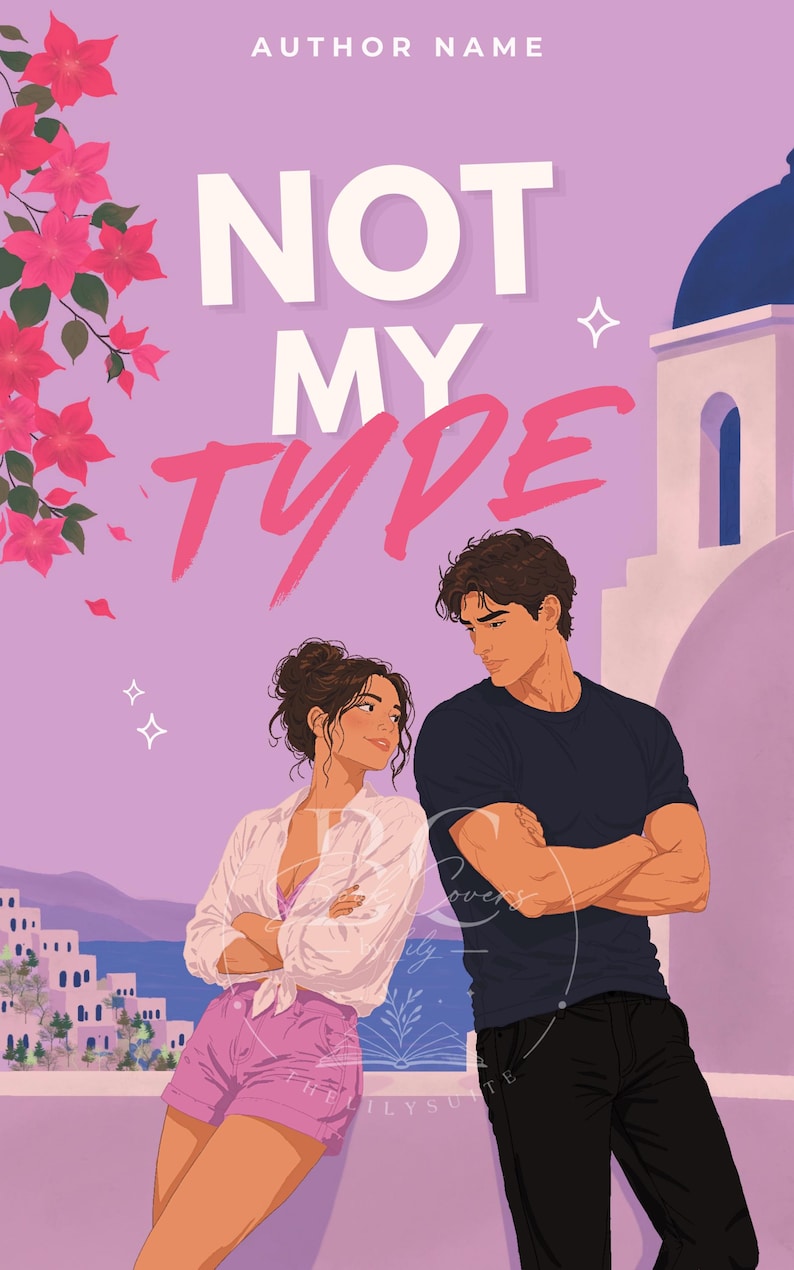 May include: A book cover illustration featuring a person with dark hair in a bun wearing a white shirt and pink shorts, and a person with dark hair in a black t-shirt and black pants. The text reads AUTHOR NAME and NOT MY TYPE over a purple background.