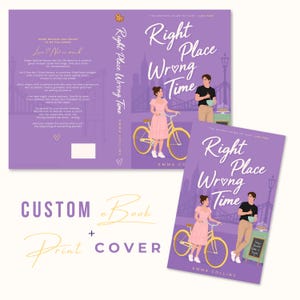 May include: A book cover design titled Right Place Wrong Time by Emma Collins, featuring a purple background with a woman in a pink dress standing by a yellow bicycle and a man in a black shirt holding a bowl, set against a city bridge backdrop.