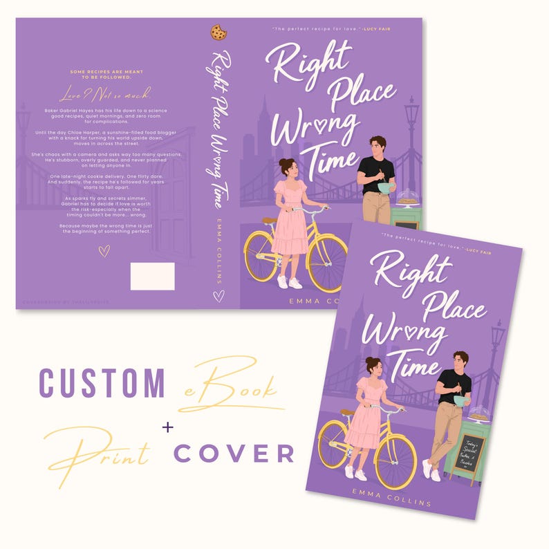 May include: A book cover design titled Right Place Wrong Time by Emma Collins, featuring a purple background with a woman in a pink dress standing by a yellow bicycle and a man in a black shirt holding a bowl, set against a city bridge backdrop.
