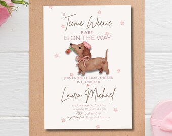 Invito per baby shower a tema bassotto, invito per baby shower rosa, baby shower "Teenie Weenie", modello Canva modificabile