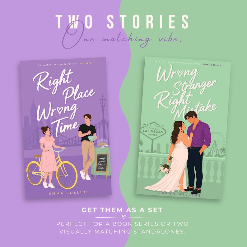 May include: Two book covers titled Right Place Wrong Time by Emma Collins and Wrong Stranger Right Mistake by Sarah Wilkins. The first cover features a person with a bicycle and another holding a bowl. The second shows a couple in wedding attire.